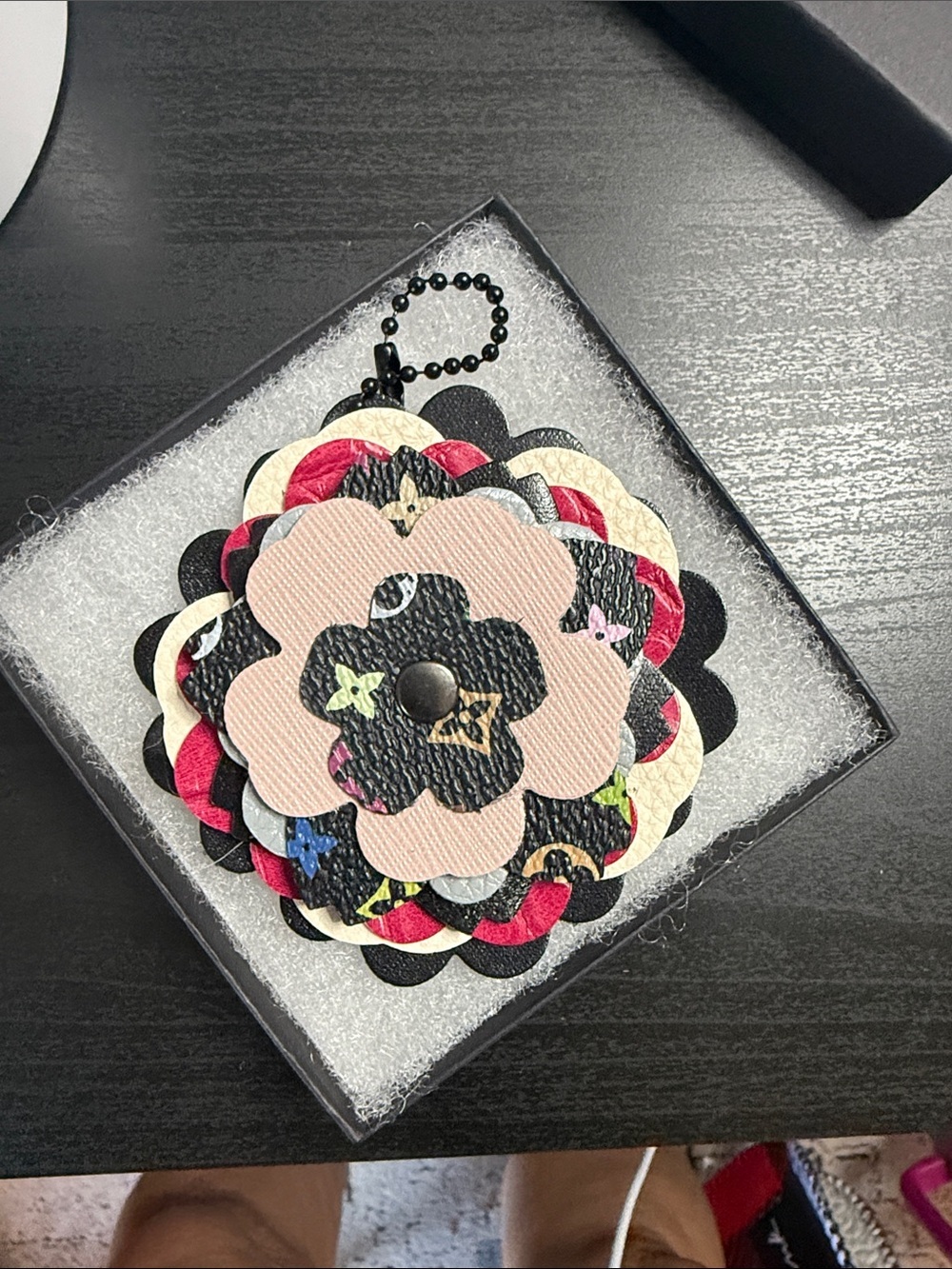 Layered Floral Leather Key Holder Charm in Pink and Multicolor